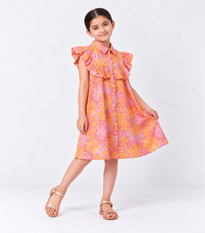 Peach Orange Cotton Printed Dress for Girls