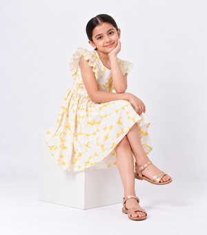 White Yellow Cotton Printed Dress for Girls