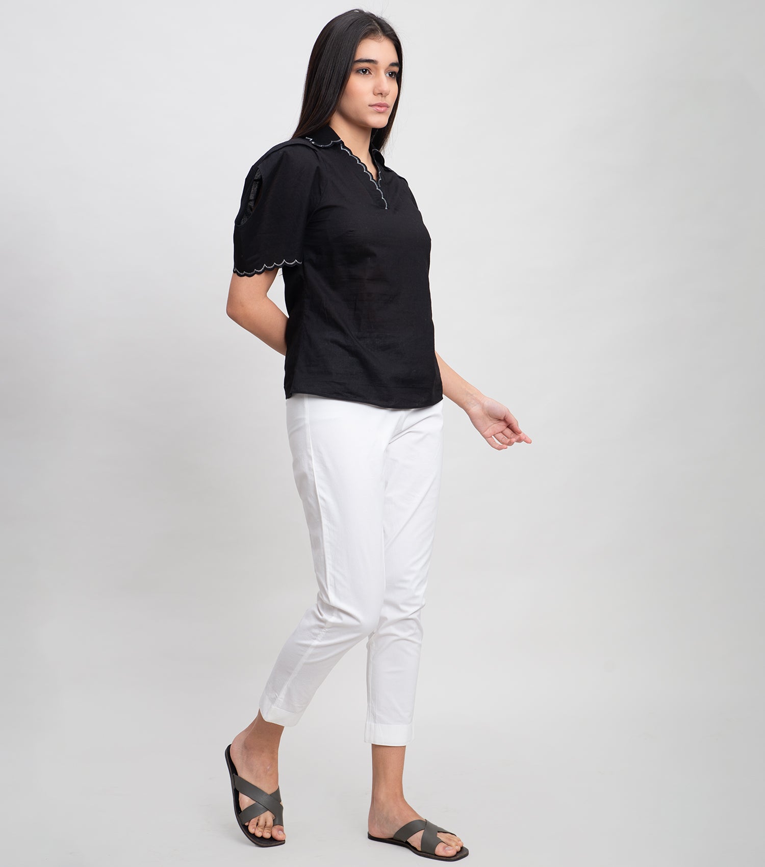 Black Cotton Top With Scallop Embroidery