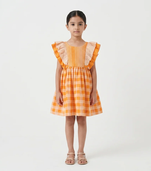 Orange Check Woven Cotton Dress For Girls