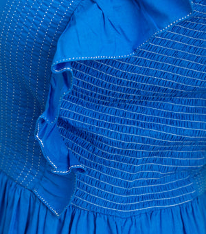 Royal Blue Cotton Midi Dress with Smocking & Stitch Line