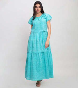 Aqua Blue Cotton Printed Maxi with Stitch line & Pleated Tier