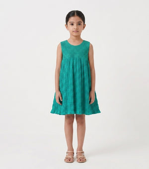 Green Smocked Cotton Dress For Girls
