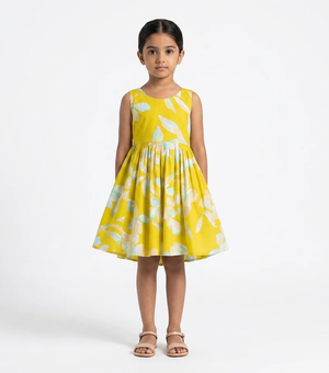Sunshine Lime Printed Cotton Dress For Girls