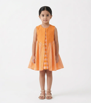 Orange Woven Cotton Layered Dress For Girls