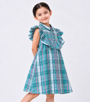 Sea Green Cotton Woven Dress for Girls
