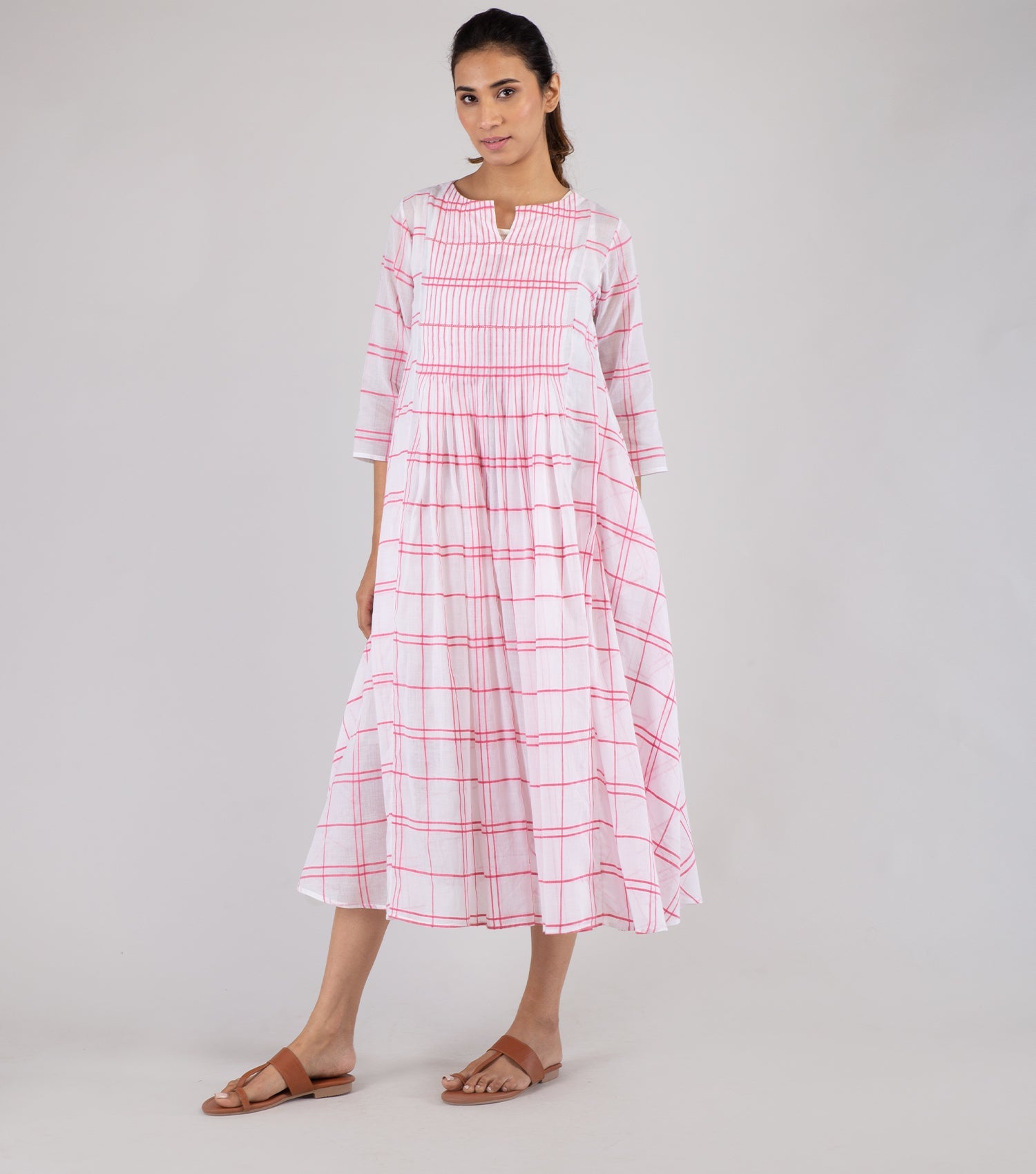 Ivory & Pink Woven Cotton Checkered Dress