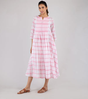 Ivory & Pink Woven Cotton Checkered Dress