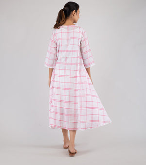 Ivory & Pink Woven Cotton Checkered Dress