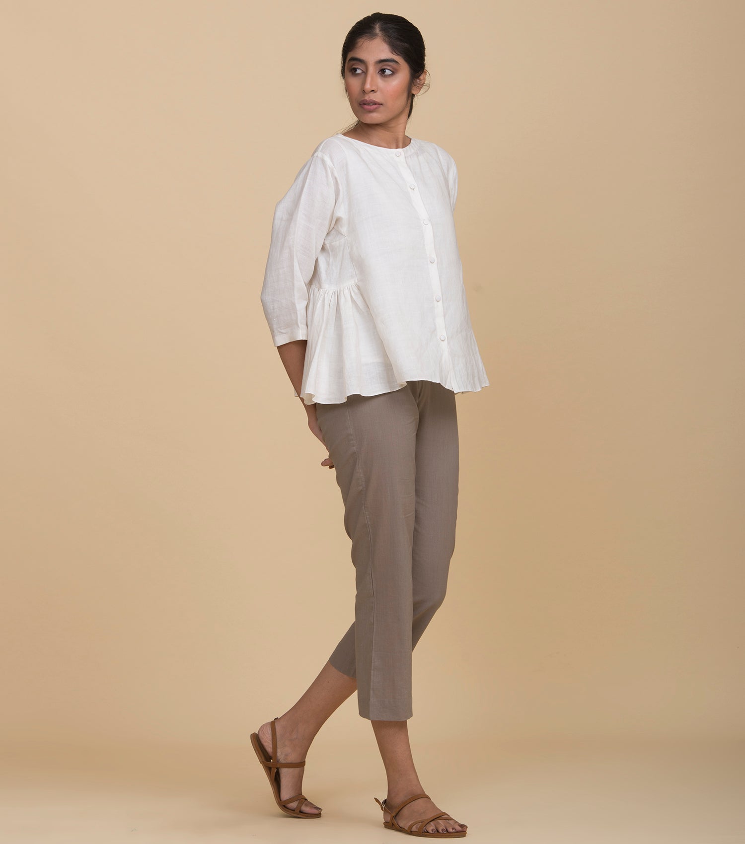 Beige Cotton Straight Pants