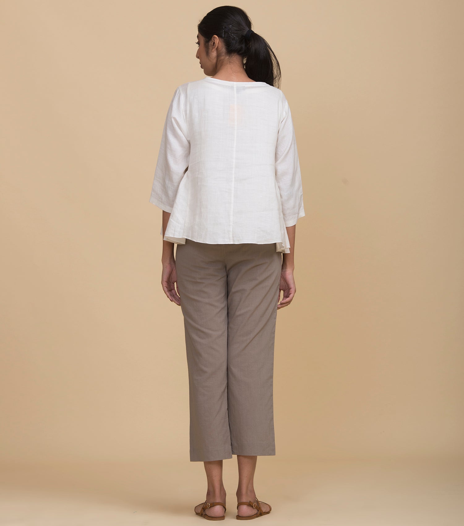 Beige Cotton Straight Pants