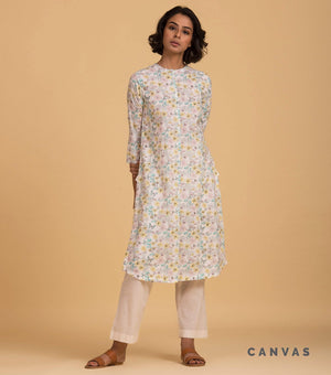 Ivory Floral Printed Cotton Kurta