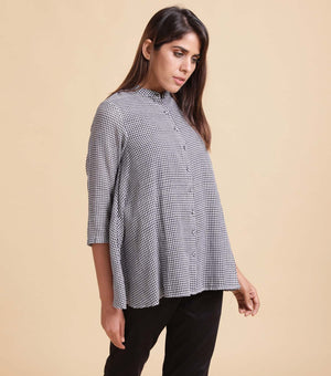 Navy Checked Cotton Flare Shirt