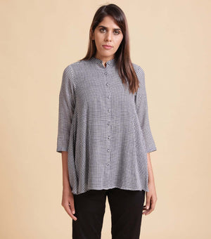 Navy Checked Cotton Flare Shirt