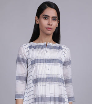 White & Grey Multistriper Woven Cotton Dress