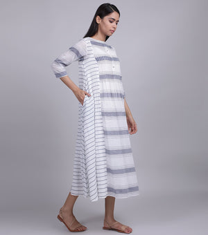 White & Grey Multistriper Woven Cotton Dress