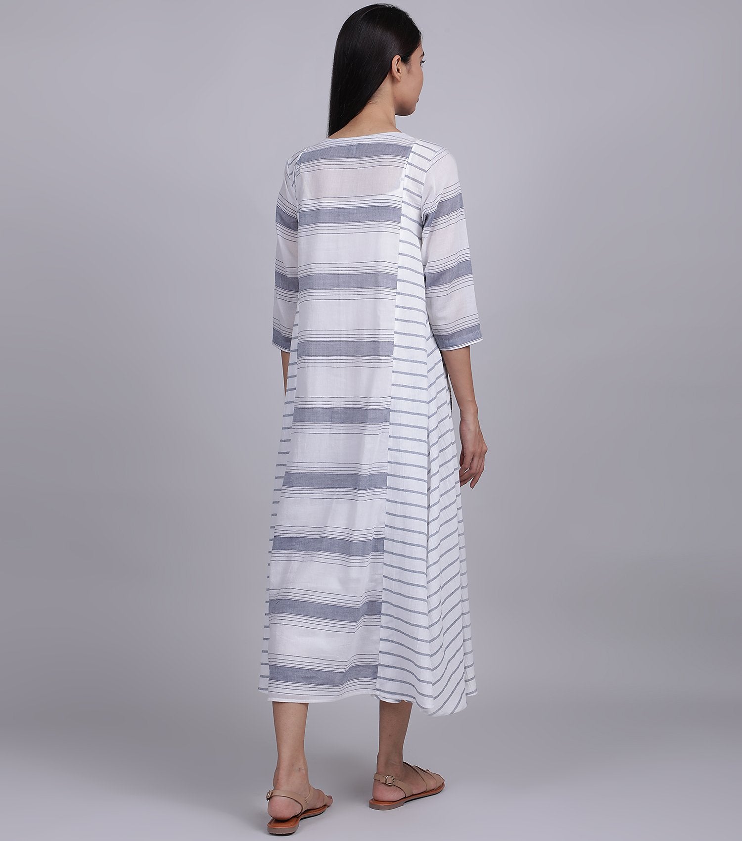 White & Grey Multistriper Woven Cotton Dress
