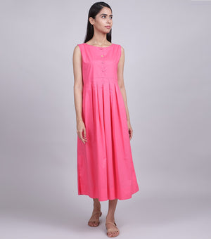 Pink Sleeveless Pleated Cotton Dress