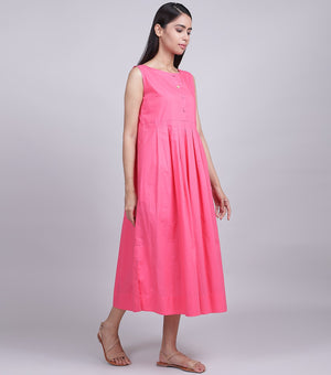 Pink Sleeveless Pleated Cotton Dress