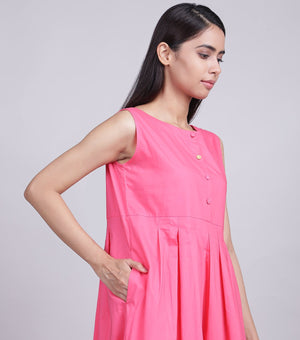 Pink Sleeveless Pleated Cotton Dress