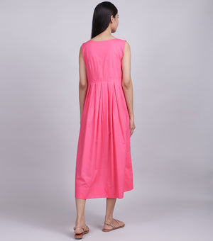 Pink Sleeveless Pleated Cotton Dress