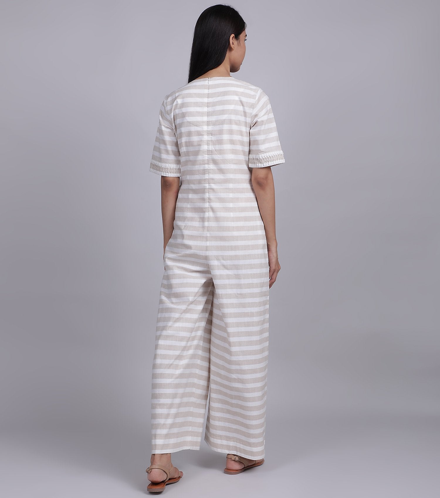 Beige Stripe Cotton Jumpsuit