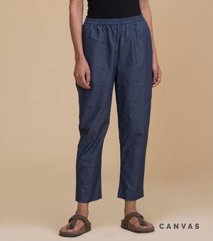 Blue Solid Cotton Pants