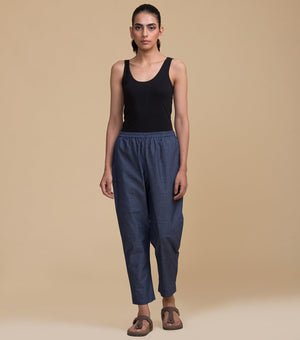 Blue Solid Cotton Pants