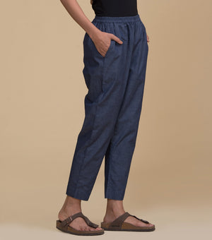 Blue Solid Cotton Pants