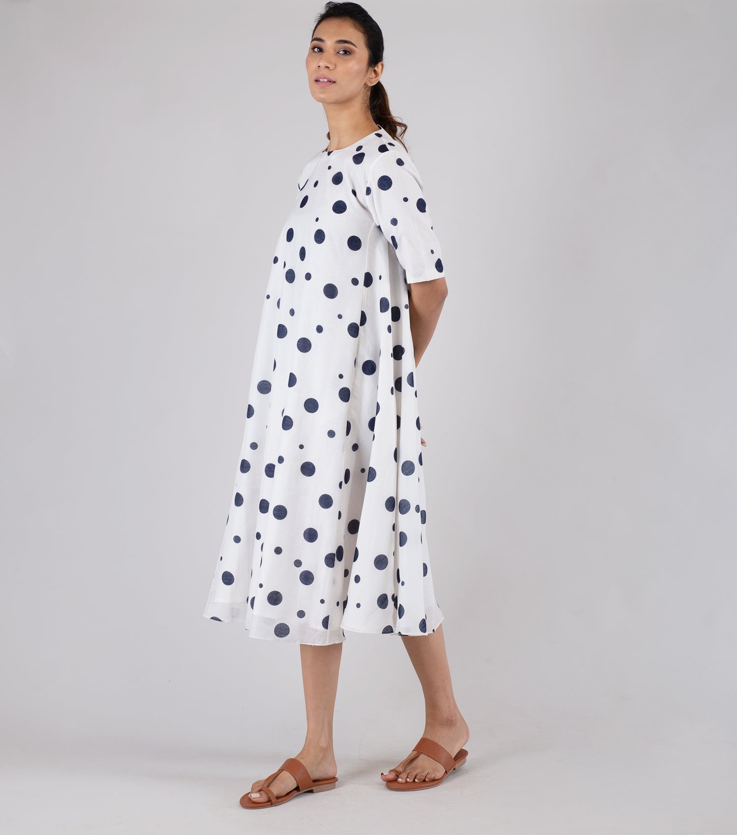 White Navy Polka Dot Printed Cotton Silk Dress