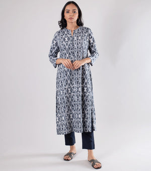 Grey Pintuck Printed Cotton Kurta