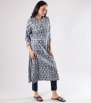 Grey Pintuck Printed Cotton Kurta