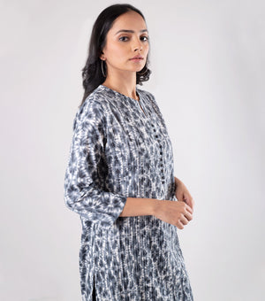 Grey Pintuck Printed Cotton Kurta