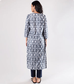 Grey Pintuck Printed Cotton Kurta