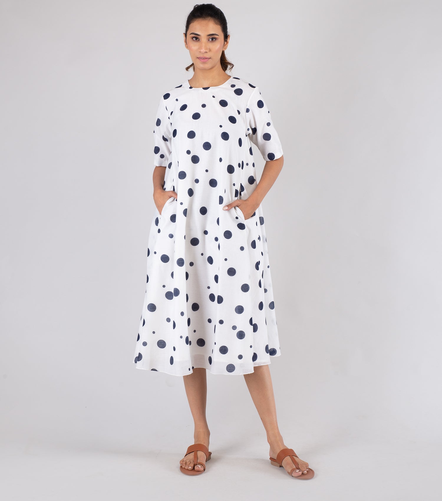 White Navy Polka Dot Printed Cotton Silk Dress