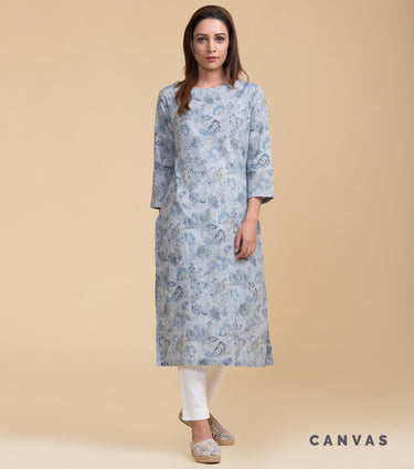 Light Blue Floral Printed Cotton Kurta