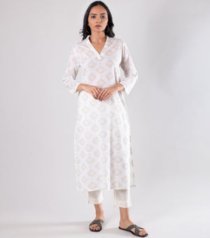 White & Beige Printed Cotton Kurta