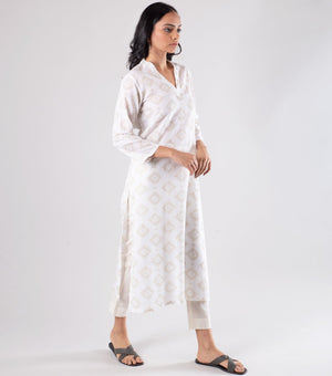 White & Beige Printed Cotton Kurta