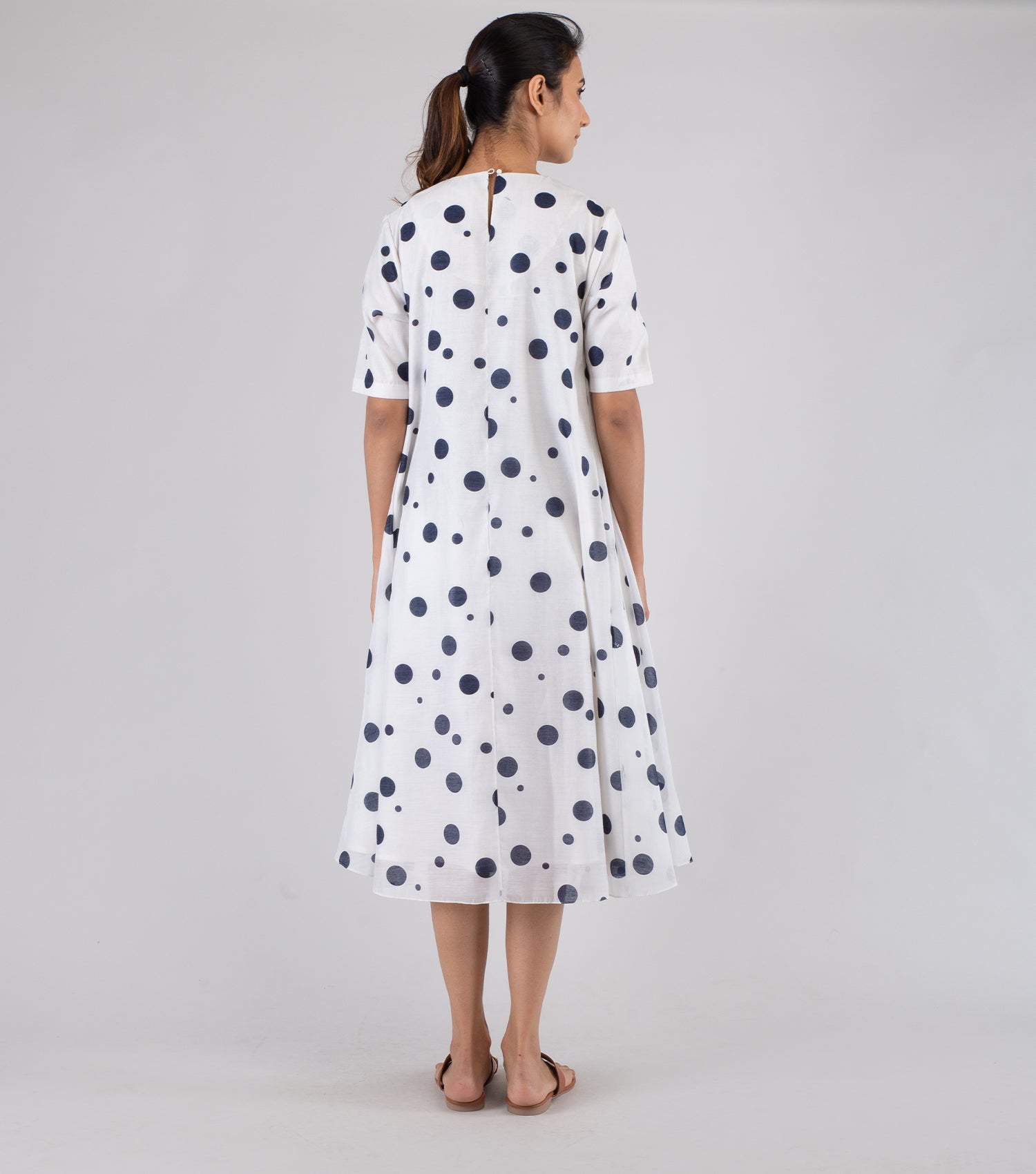 White Navy Polka Dot Printed Cotton Silk Dress