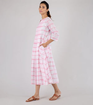 Ivory & Pink Woven Cotton Checkered Dress