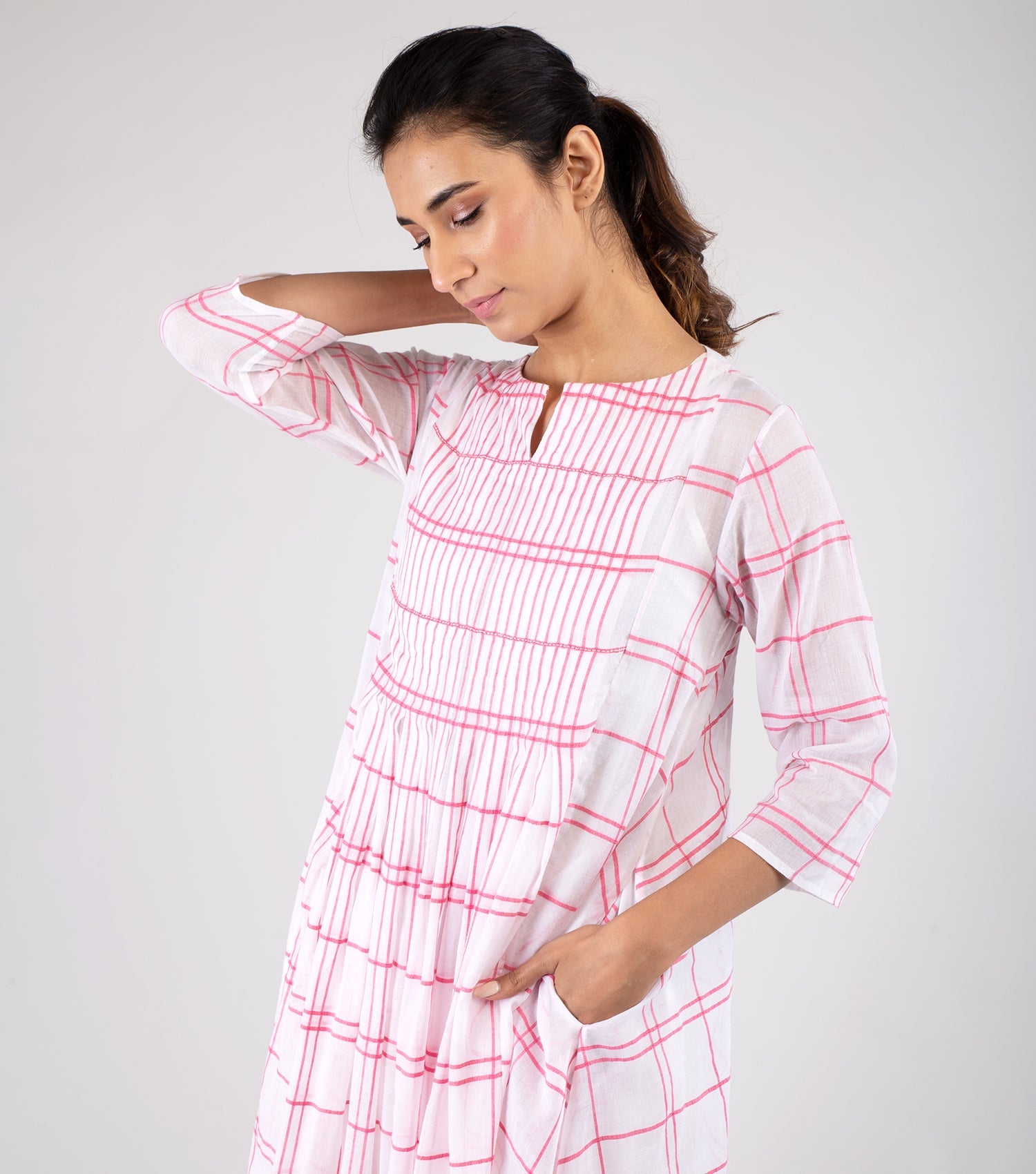 Ivory & Pink Woven Cotton Checkered Dress