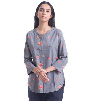 Floral printed grey cotton shirt