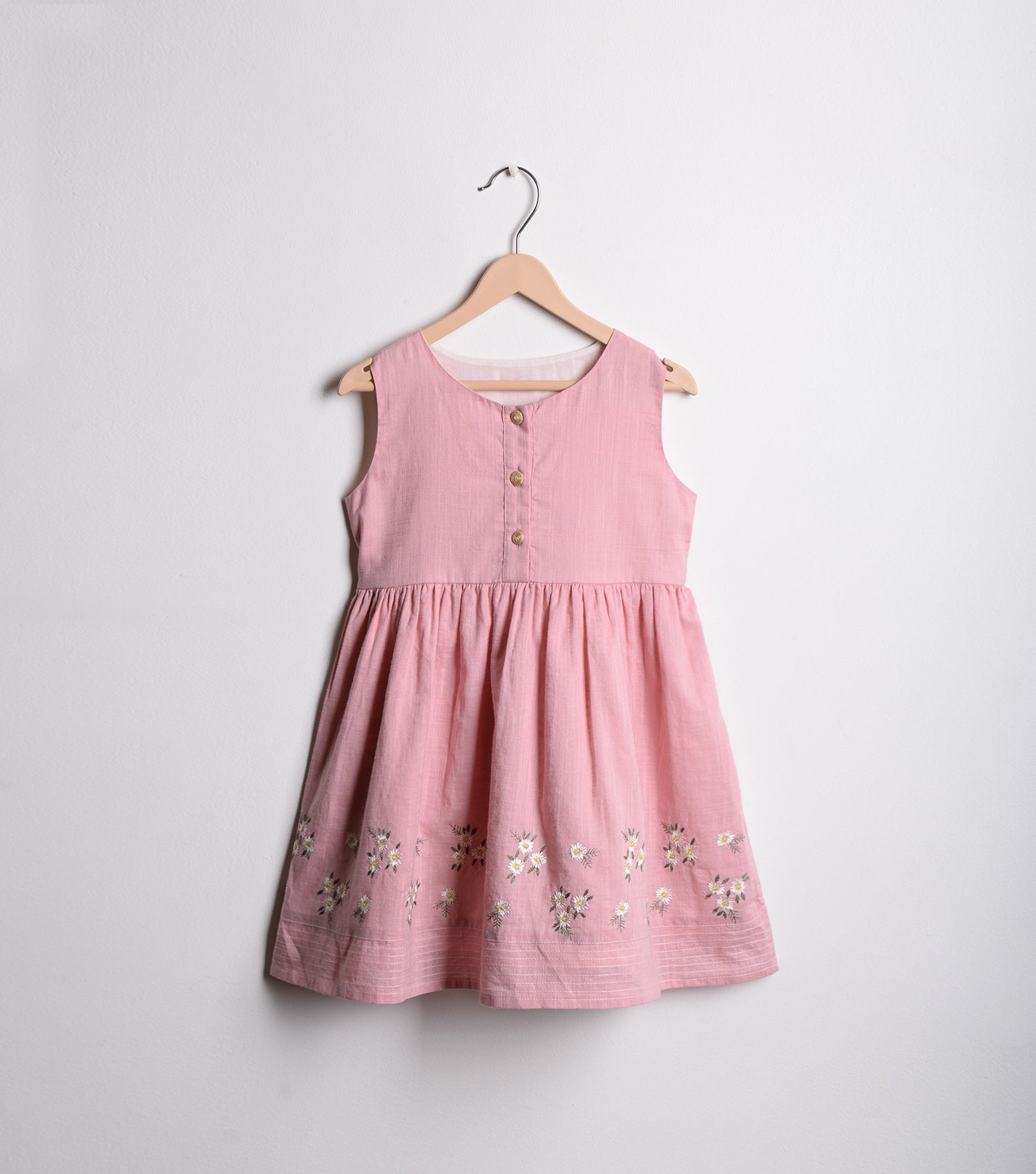 Pink Cotton Linen embroidered flared dress