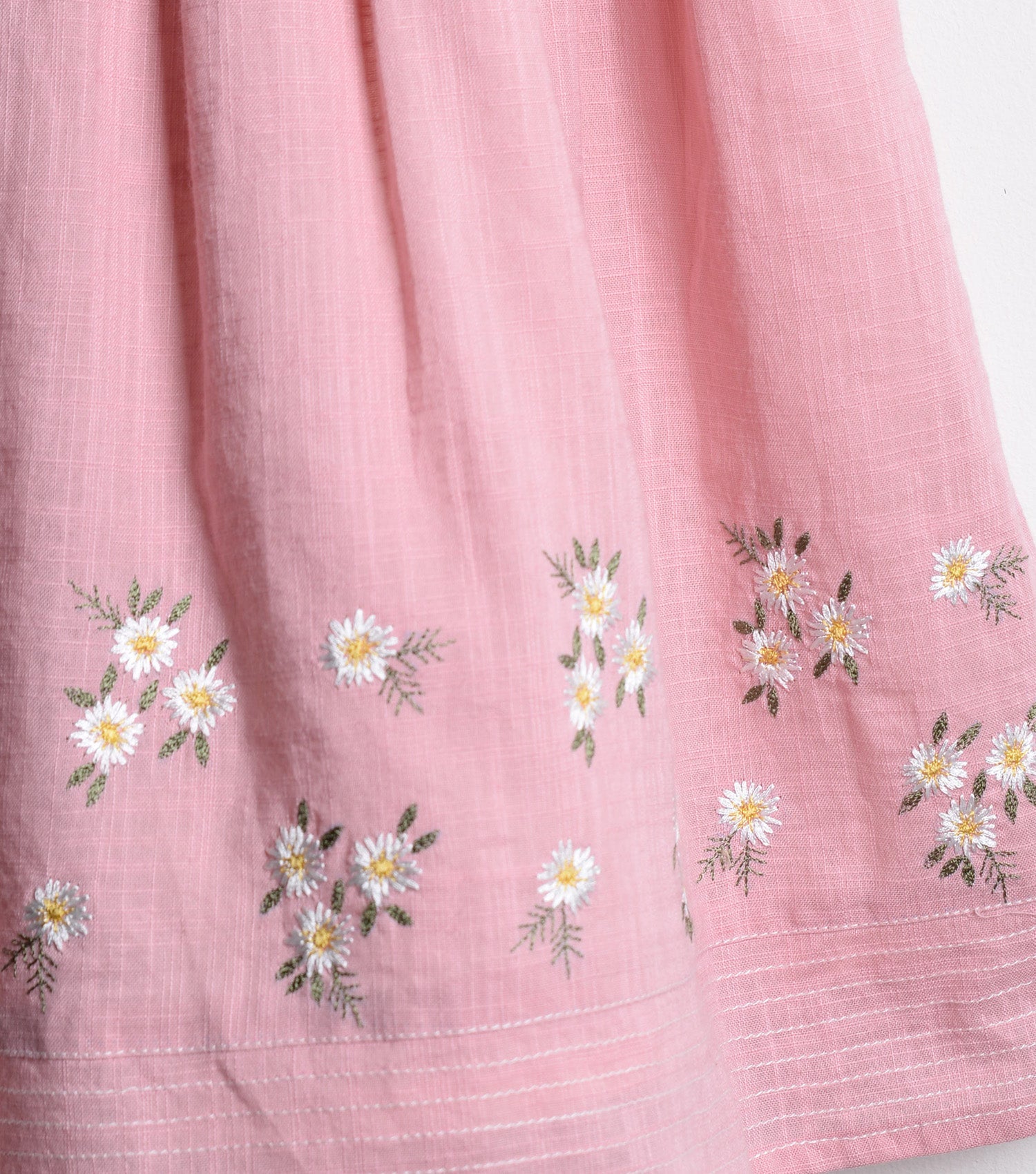 Pink Cotton Linen embroidered flared dress