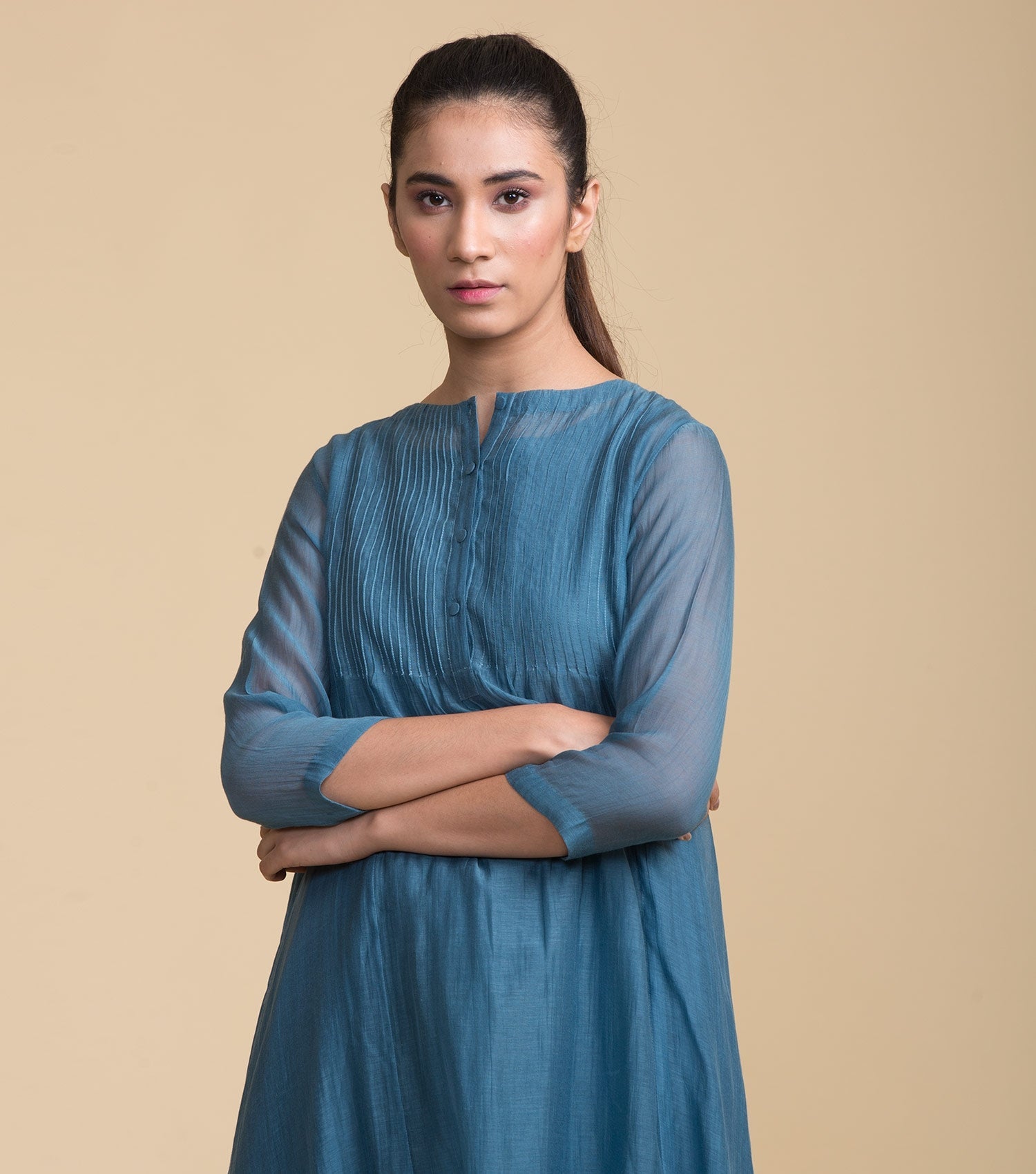 Blue Chanderi Flared Dress