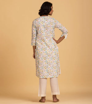 Ivory Floral Printed Cotton Kurta