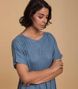 Blue solid cotton dress
