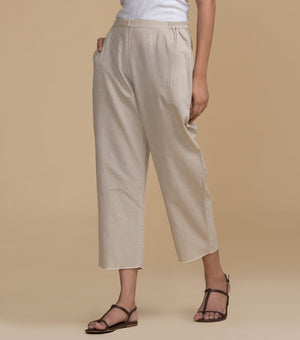 Beige Solid Cotton Pants