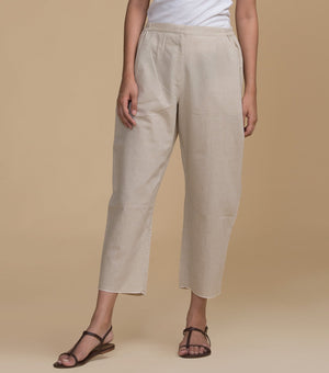 Beige Solid Cotton Pants