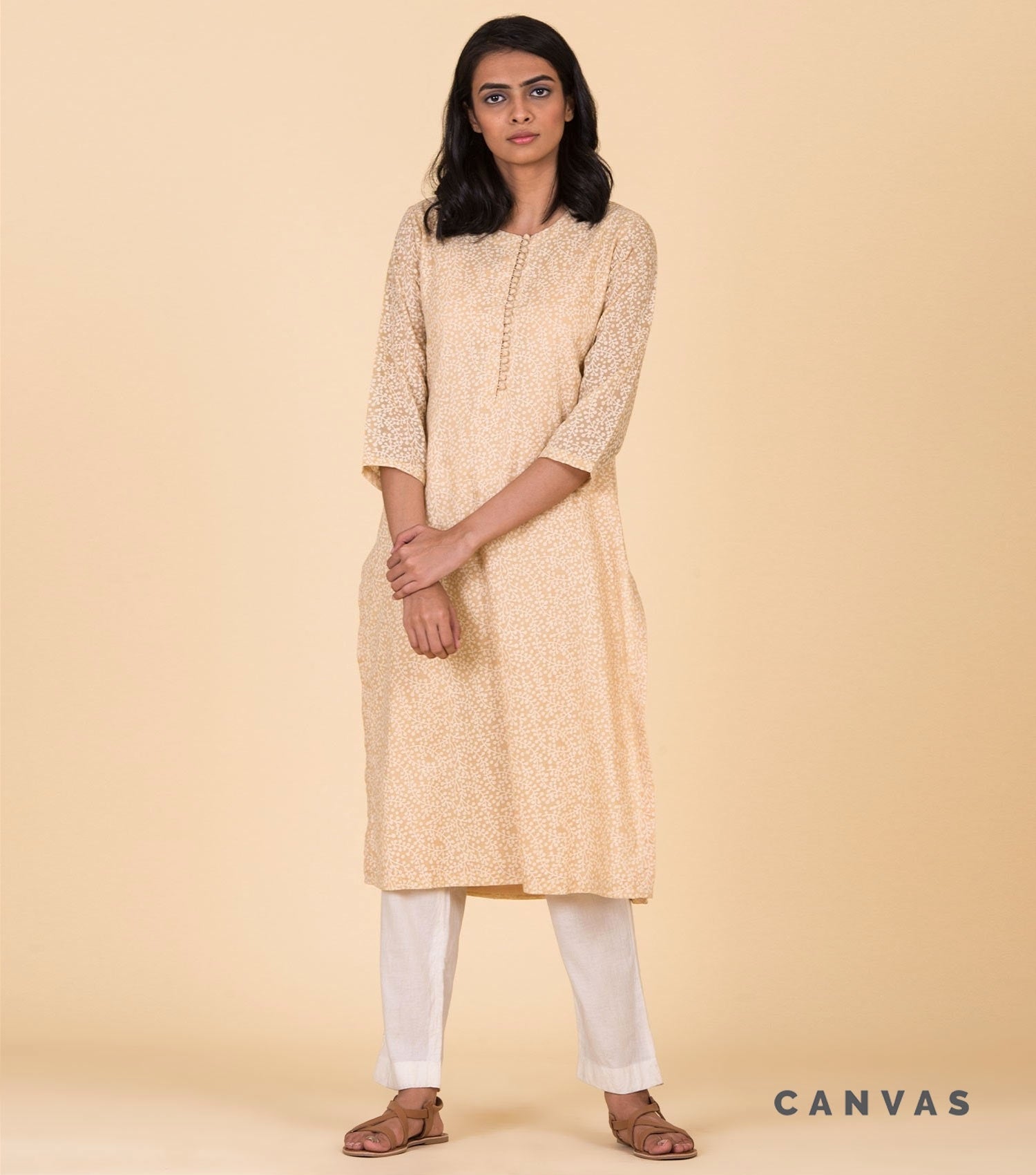 Beige Floral Printed Kurta